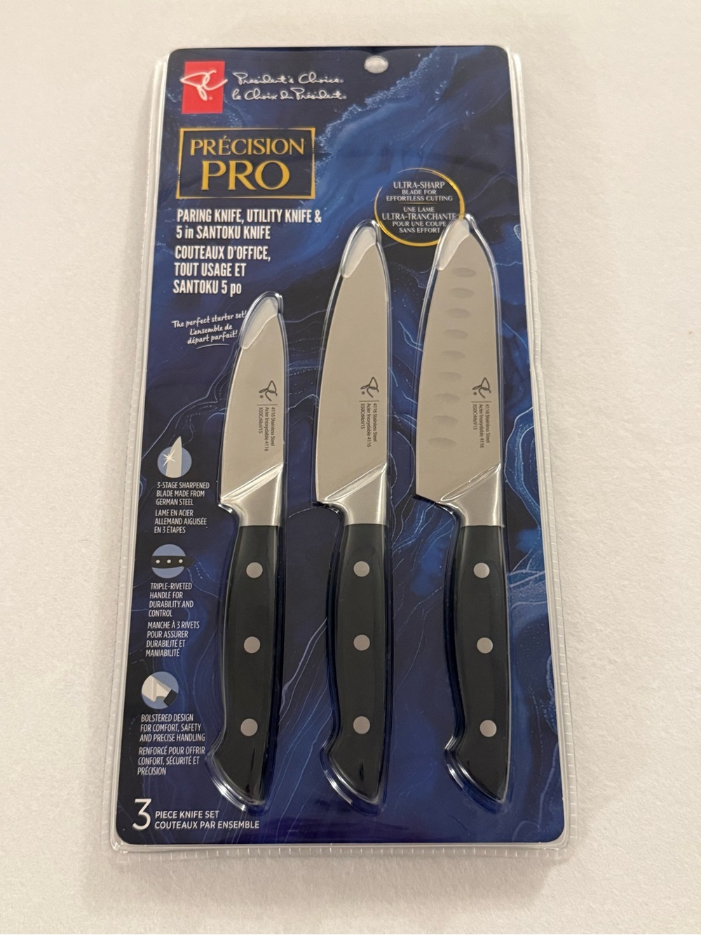 PC Precision Pro 3-Piece Knife Set: Paring, Utility & 5" Santoku German Steel